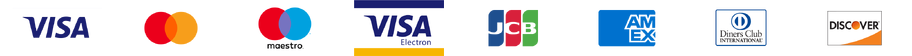 Visa, Mastercard, Maestro, Visa Electron, JCB, American Express, Diners Club and Discover