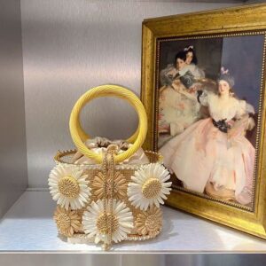 Retro sunflower birdcage handcrafted hollowed-out shiny rhinestone beaded chain tote bag with woven basket and bucket style handbag design