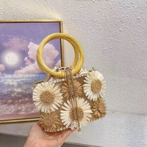 Retro sunflower birdcage handcrafted hollowed-out shiny rhinestone beaded chain tote bag with woven basket and bucket style handbag design