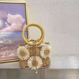 Retro sunflower birdcage handcrafted hollowed-out shiny rhinestone beaded chain tote bag with woven basket and bucket style handbag design
