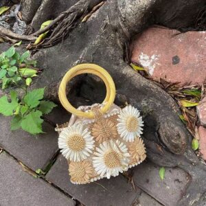 Retro sunflower birdcage handcrafted hollowed-out shiny rhinestone beaded chain tote bag with woven basket and bucket style handbag design
