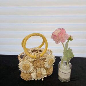 Retro sunflower birdcage handcrafted hollowed-out shiny rhinestone beaded chain tote bag with woven basket and bucket style handbag design