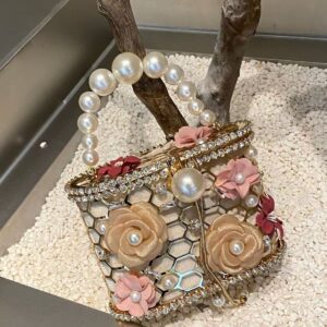 Retro sunflower birdcage handcrafted hollowed-out shiny rhinestone beaded chain tote bag with woven basket and bucket style handbag design