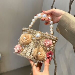 Retro sunflower birdcage handcrafted hollowed-out shiny rhinestone beaded chain tote bag with woven basket and bucket style handbag design