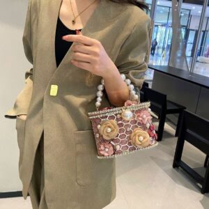 Retro sunflower birdcage handcrafted hollowed-out shiny rhinestone beaded chain tote bag with woven basket and bucket style handbag design