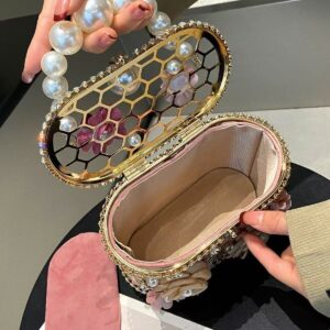 Retro sunflower birdcage handcrafted hollowed-out shiny rhinestone beaded chain tote bag with woven basket and bucket style handbag design