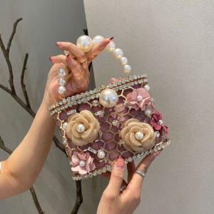 Retro sunflower birdcage handcrafted hollowed-out shiny rhinestone beaded chain tote bag with woven basket and bucket style handbag design