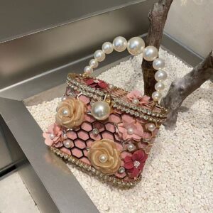 Retro sunflower birdcage handcrafted hollowed-out shiny rhinestone beaded chain tote bag with woven basket and bucket style handbag design
