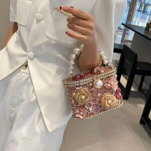 Retro sunflower birdcage handcrafted hollowed-out shiny rhinestone beaded chain tote bag with woven basket and bucket style handbag design